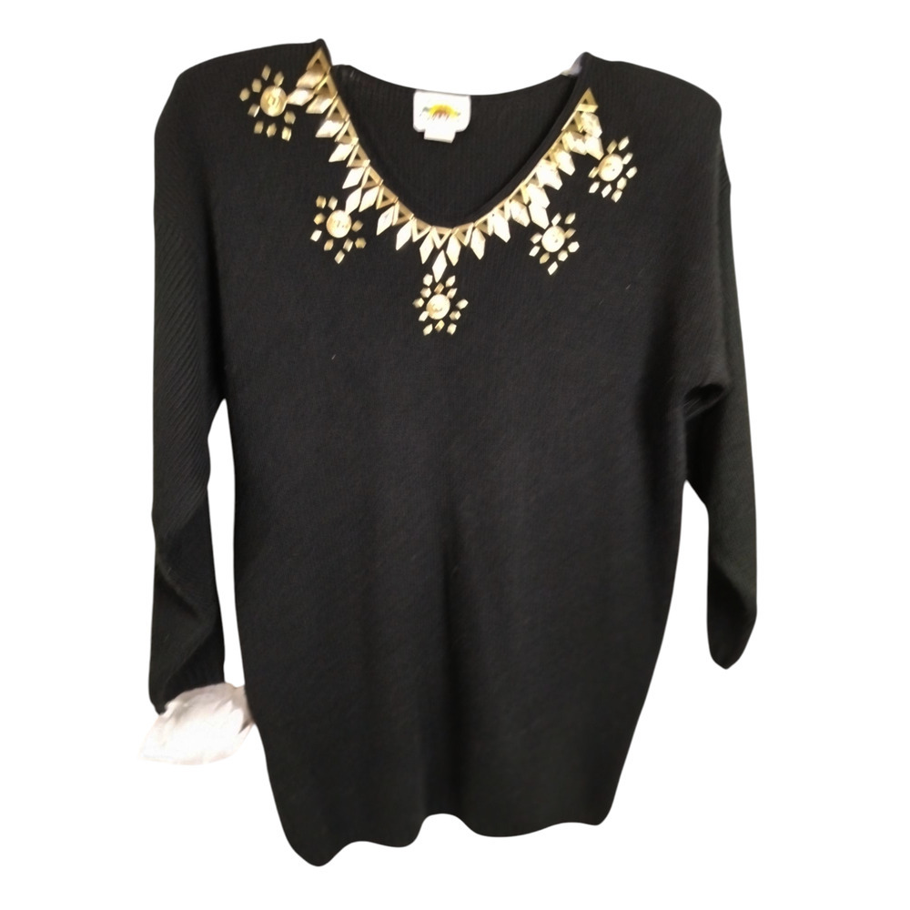 3472) Vintage Sunflower Black Bejeweled Gold Pullover Sweater